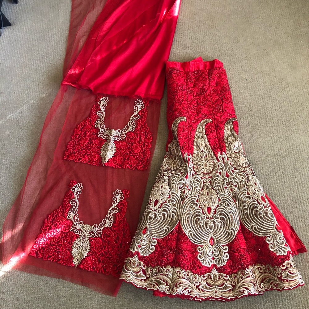 Red Indian Lengha 3 piece set, unsewn